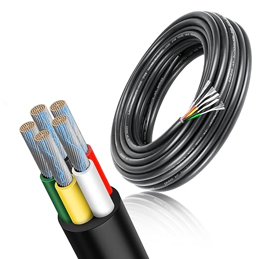22 AWG Electrical Wire, 2/3/4/5 Conductor Stranded Tinned Copper Cable, Black/White PVC Jacket Flexible Multi-Core Extension Cord — 10/20/50m (33ft–165ft) Options