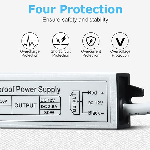 12V Waterproof LED Power Supply 30W–280W, 90–265V Input, Single/Dual Wire Output, Aluminum Housing, Outdoor LED Driver, CE/RoHS/FCC —US/UK/EU Plug & Wire Leads Options