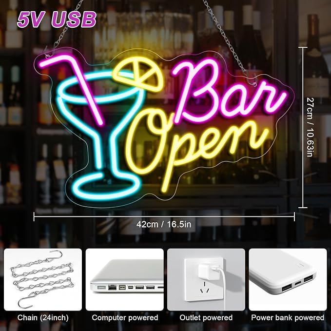 BAR OPEN Silicone LED Shop Sign – 16.5×10.6 Inch | 5V USB Powered Dimmable LED Window Hanging Sign | Blue + Pink + Yellow Glow with Cocktail Glass Design | Accessories Included for Bars, Cafes, Restaurants & Commercial Spaces