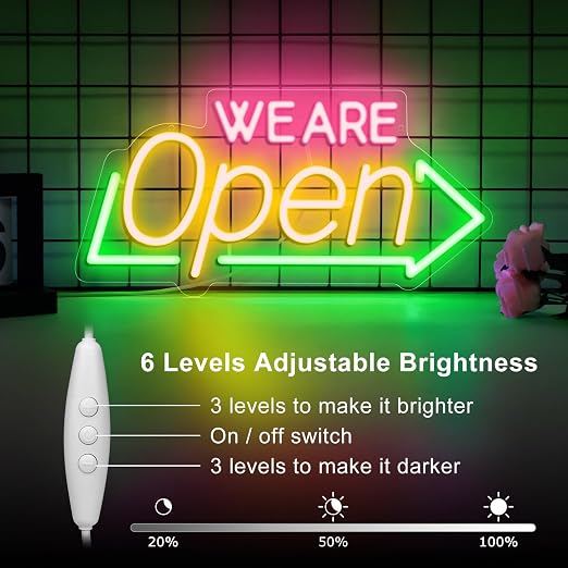 Wir haben geöffnet – Neonschild mit Sonnenblumen-Dekor – USB-Version | Warmweiß / Gelb &amp; Weiß | 17×9 Zoll / 24×13 Zoll | DC 5 V LED-Fensterleuchte für Geschäftsdekor