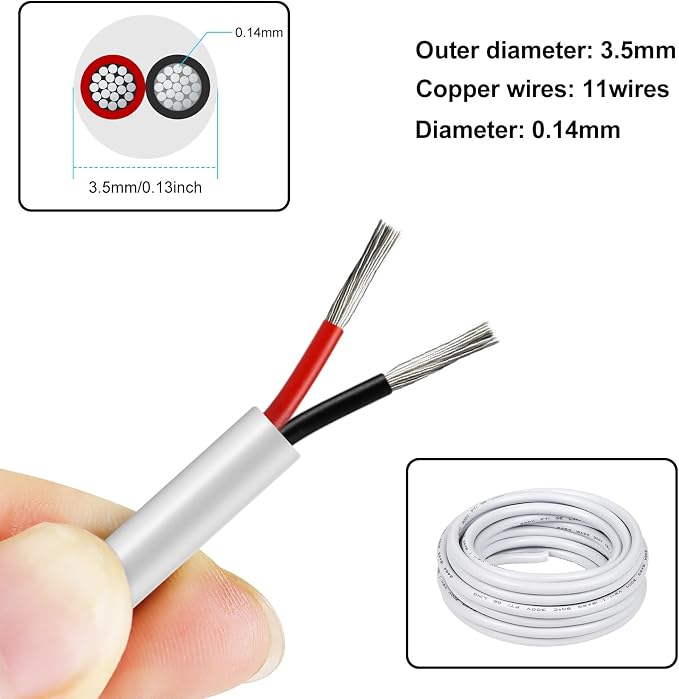 24 AWG Stranded Electrical Wire, 2/3/4/5 Conductor Multi-Core Cable, Black/White PVC Flexible Insulated Cord for Extension & Wiring —10/20/50m (33ft–165ft) Options