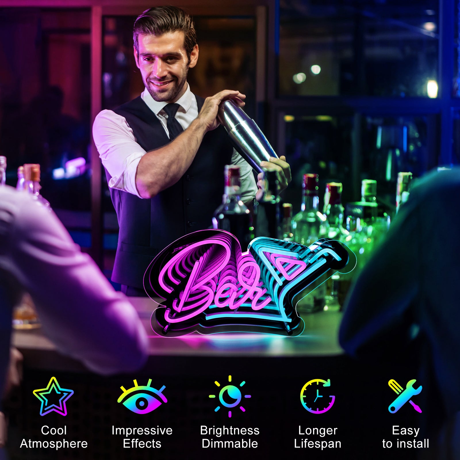Panneau LED pour bar – 15 × 9,2 pouces | Éclat multicolore | Alimentation USB | Suspension | Idéal pour bar, pub, salon, discothèque et éclairage d'ambiance de fête 