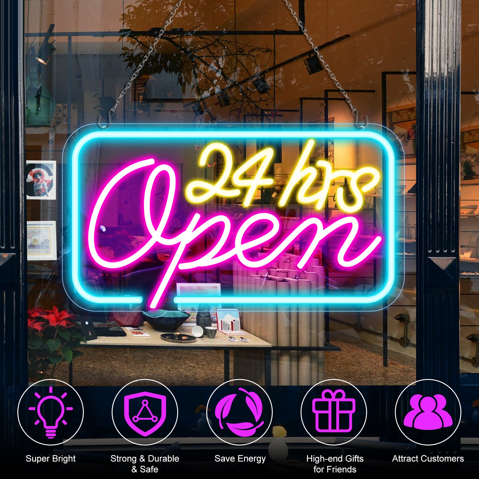 24 Stunden geöffnet Neonschild – Eisblau, Gelb &amp; Lila Leuchten | 40×23 cm (16×9 Zoll) | Fenster-Hängeleuchte für 24-Stunden-Läden Plug &amp; Play
