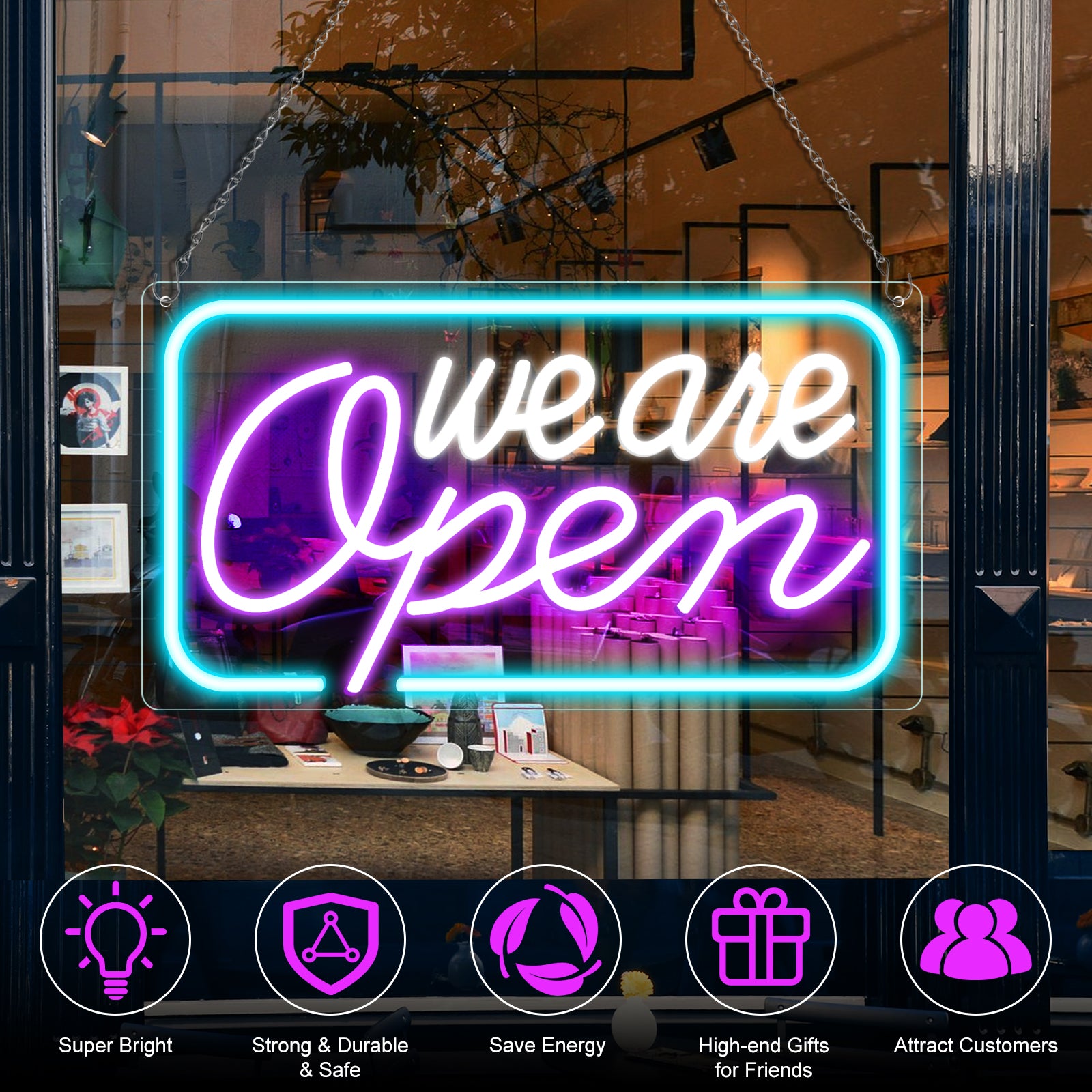 Wir haben geöffnet – Neonschild – 5 Leuchtfarbenoptionen | 42×23 cm (17×9 Zoll) | Fensteraufhängung | Plug &amp; Play für Schaufenster