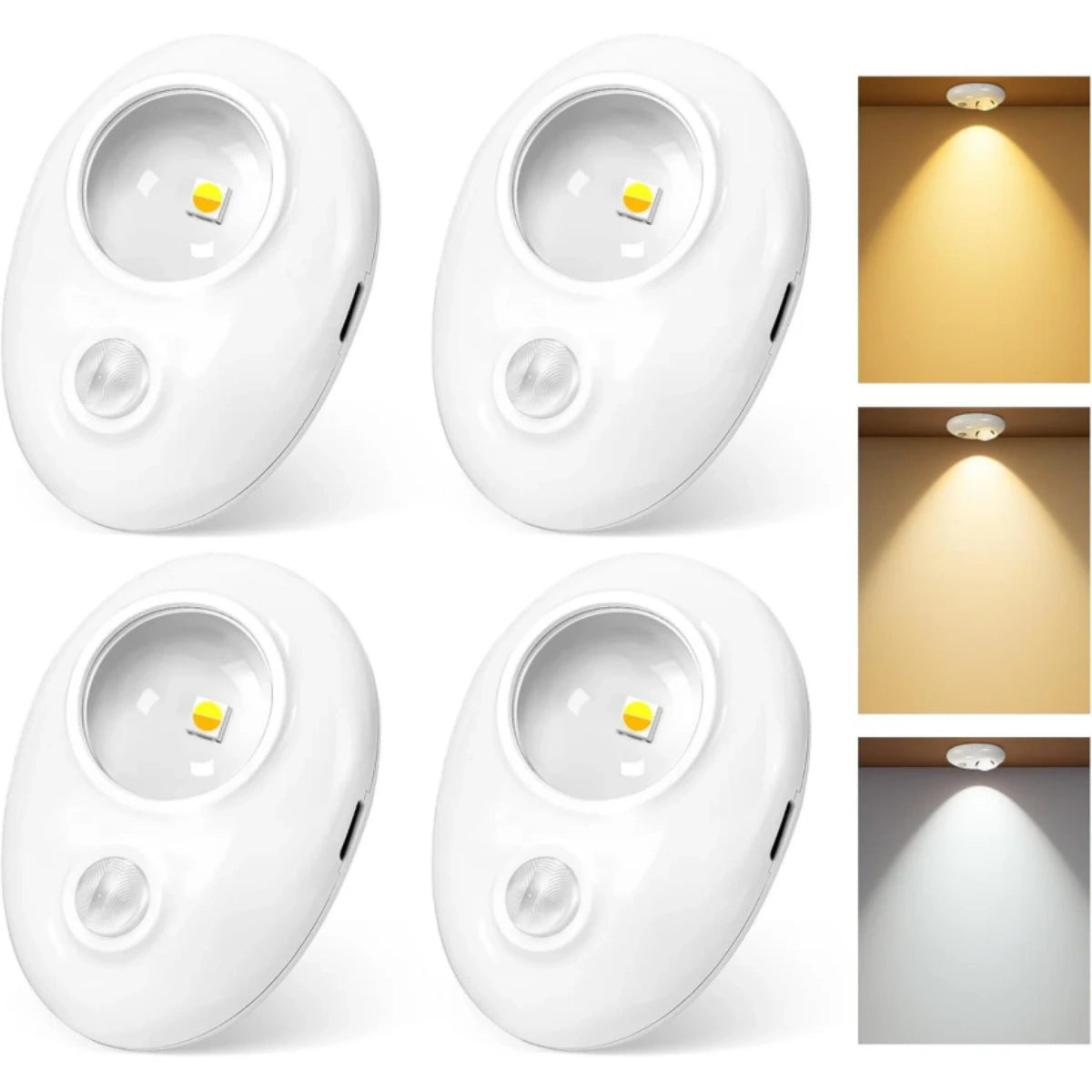 4er/6er-Pack wiederaufladbare Pebble LED-Schrankleuchte | 1 LED, 3 Farbmodi (3000 K / 4000 K / 6000 K) | Bewegungssensor, Tippschalter, dimmbar | Weißes Finish | Magnetbefestigung 