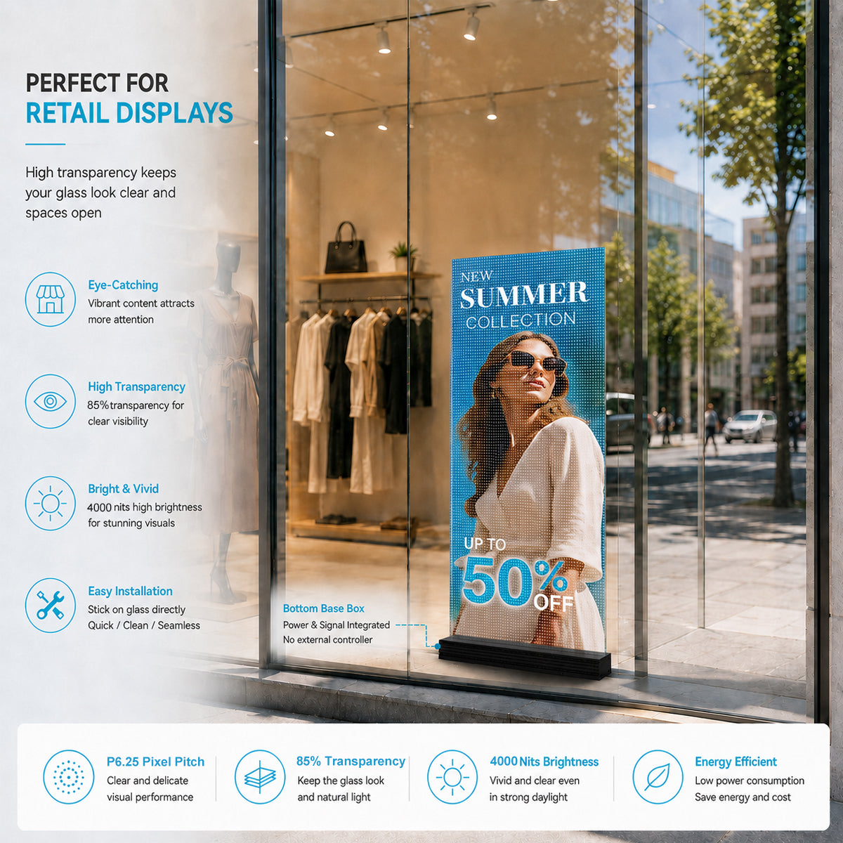P6.25 Hochtransparente selbstklebende LED-Folie – 400 × 1000 mm (15,75 × 39,37 Zoll) | 2000/4000 Nits | 90 % Transparenz Glasaufkleber-Display für Schaufenster und Glasinnenwände | Mehrere Kit-Optionen | Plug &amp; Play