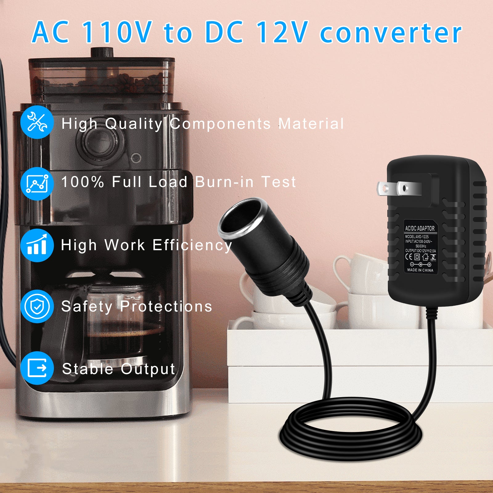 DC 12 V Zigarettenanzünder-Netzteiladapter 12 W–36 W, AC 100–240 V auf 12 V Konvertertransformator, Autosteckdosenladegerät für Pumpe, Kühler, LED-Leuchten – US-Stecker 