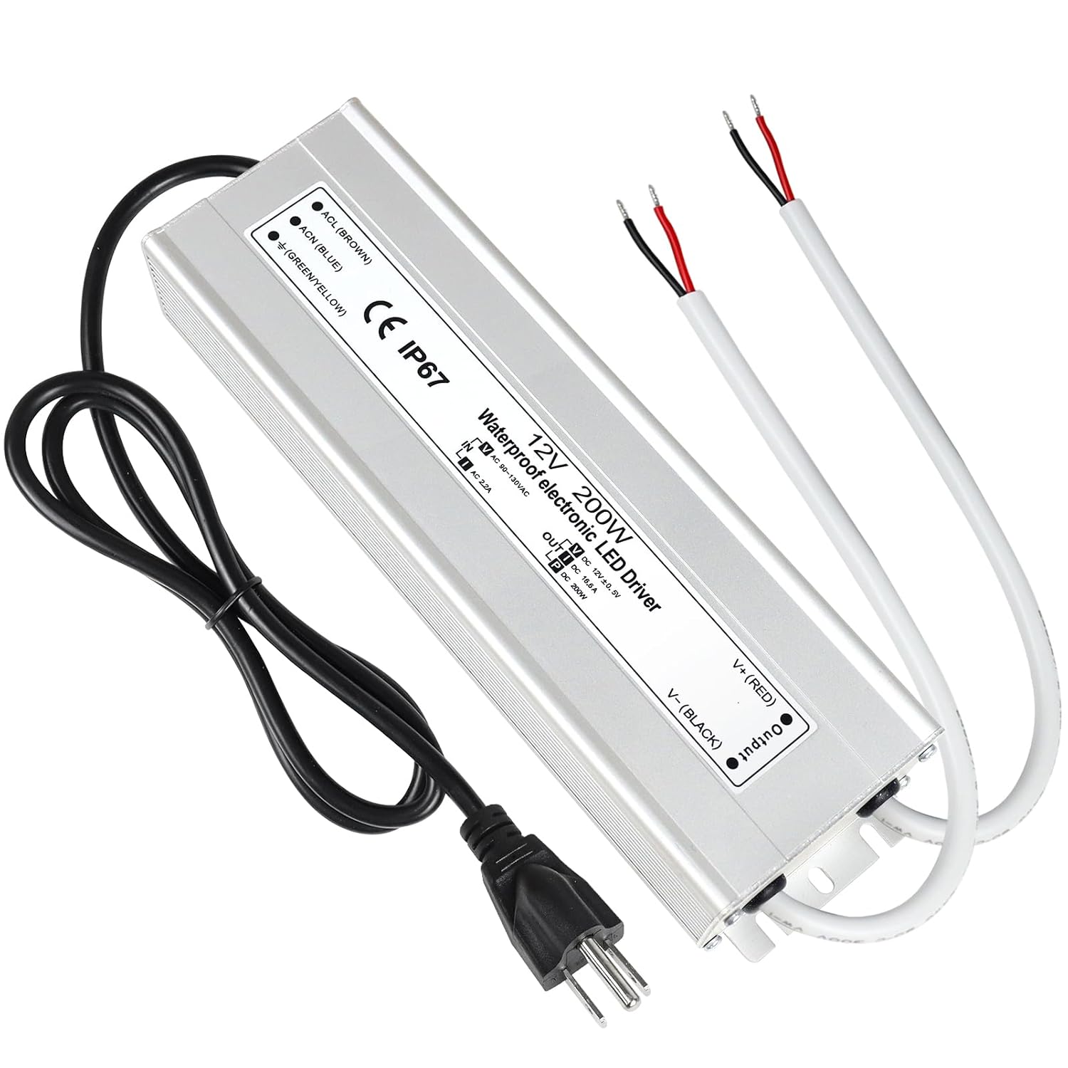 Transformateur LED étanche 12 V, entrée 90-140 V, 200-500 W, sortie simple/double fil, CE/RoHS/FCC — Options de prise et de câbles américains 