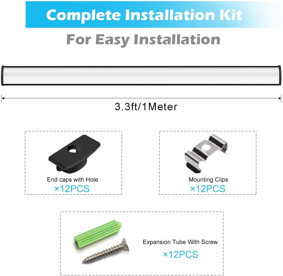 Profilés LED en aluminium en forme de U – Convient pour bande LED de 1 à 12 mm | 1 mètre | Argenté / Noir | Blanc laiteux / Noir | Avec accessoires d'installation | Pliables | Paquets de 5 / 6 / 10 / 12 / 20 | Stock local États-Unis/Royaume-Uni