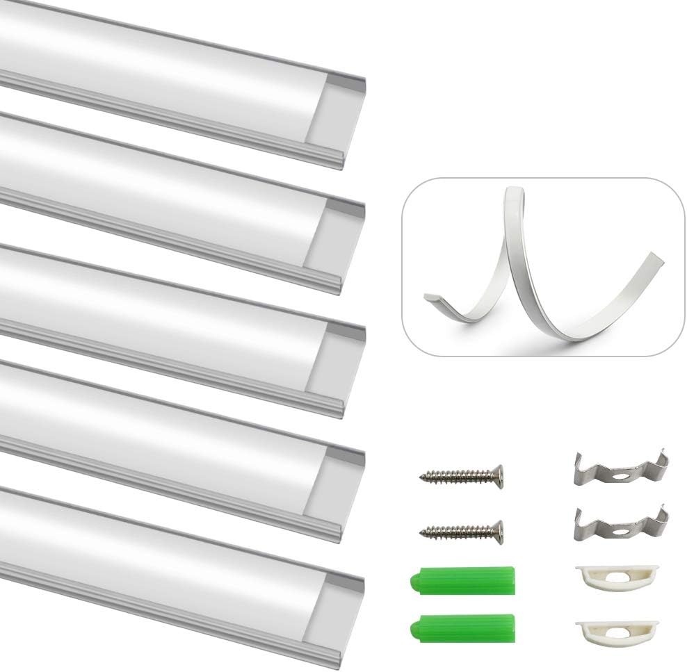 U Shape Bendable LED Aluminum Channels – Fit for 1 to 12mm LED Strip | 1Meter | Silver | Milky White  Cover | With Installation Accessories | 6 -Pack | Local Stock US/UK
