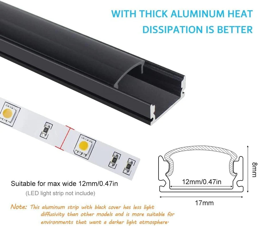 Profilés LED en aluminium en forme de U – Convient pour bande LED de 1 à 12 mm | 1 mètre | Argenté / Noir | Blanc laiteux / Noir | Avec accessoires d'installation | Pliables | Paquets de 5 / 6 / 10 / 12 / 20 | Stock local États-Unis/Royaume-Uni