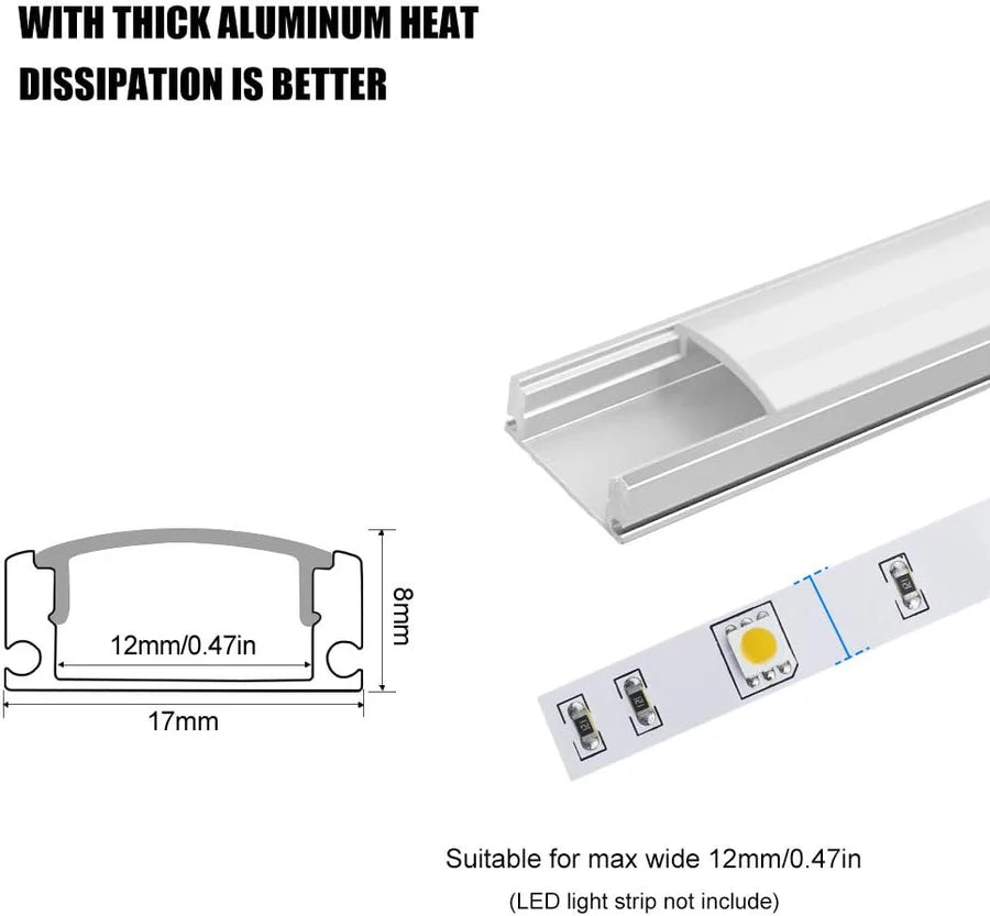 Profilés LED en aluminium en forme de U – Convient pour bande LED de 1 à 12 mm | 1 mètre | Argenté / Noir | Blanc laiteux / Noir | Avec accessoires d'installation | Pliables | Paquets de 5 / 6 / 10 / 12 / 20 | Stock local États-Unis/Royaume-Uni