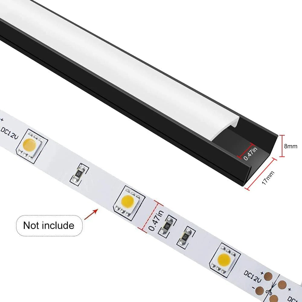 Profilés LED en aluminium en forme de U – Convient pour bande LED de 1 à 12 mm | 1 mètre | Argenté / Noir | Blanc laiteux / Noir | Avec accessoires d'installation | Pliables | Paquets de 5 / 6 / 10 / 12 / 20 | Stock local États-Unis/Royaume-Uni