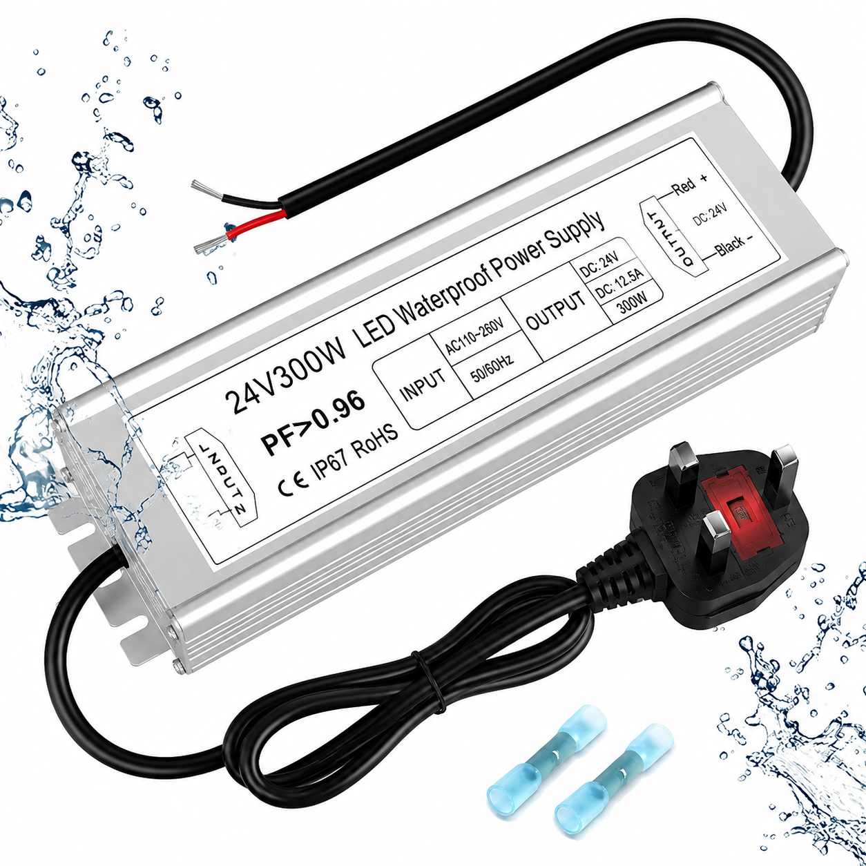 24V Waterproof LED Power Supply 30W–300W, 90–265V Input, Single/Dual Wire Output, Aluminum Housing, Outdoor LED Driver, CE/RoHS/FCC — US/UK/EU Plug & Wire Leads Options
