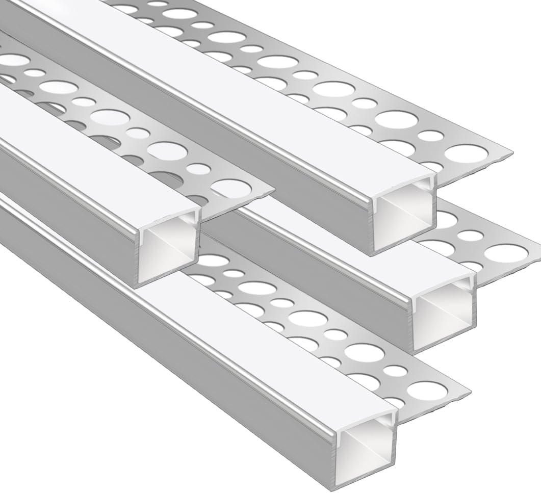 Profilés LED en aluminium pour cloison sèche, à encastrer sur une face – Compatibles avec des bandes LED de 1 à 13 mm | 1 mètre | Argent | Revêtement blanc laiteux | Lot de 4/6/10 | Stock local États-Unis/Royaume-Uni