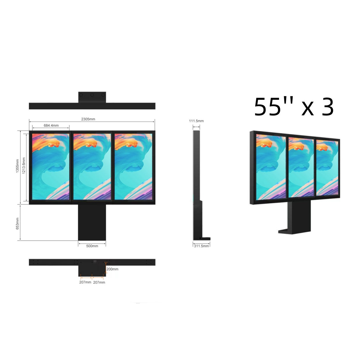 2500-Nit IP66 Outdoor High-Brightness LCD Digital Signage | Triple Side-by-Side Screens | 43", 49" & 55" | Floor-Standing | Optional Touchscreen