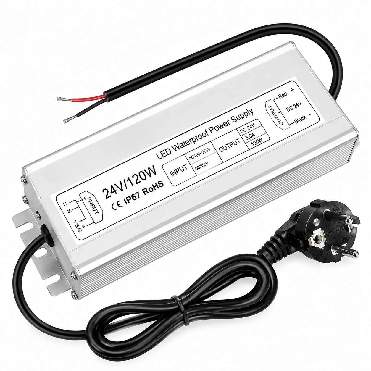 24V Waterproof LED Power Supply 30W–300W, 90–265V Input, Single/Dual Wire Output, Aluminum Housing, Outdoor LED Driver, CE/RoHS/FCC — US/UK/EU Plug & Wire Leads Options