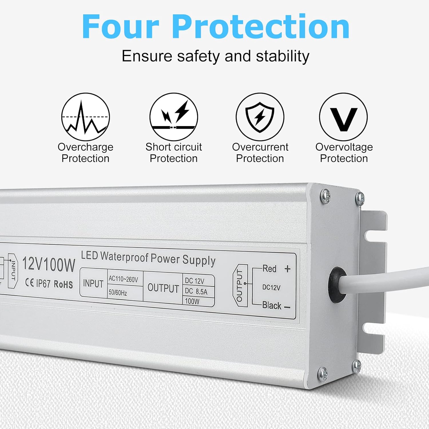 Alimentation LED étanche 12 V 30 W–300 W, entrée 90–265 V, sortie simple/double fil, pilote LED extérieur, CE/RoHS/FCC — Options de fiches et de câbles US/UK/EU 