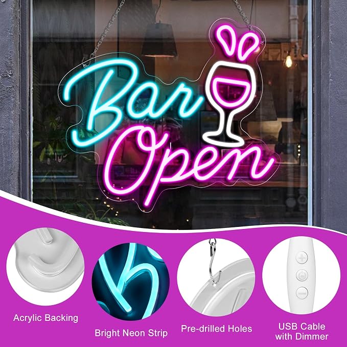 OPEN-Neonschild – Großes „O“ | 5 Leuchtfarbenoptionen | 42×22 cm (17×9 Zoll) | Fensteraufhängung | Plug &amp; Play für Schaufenster