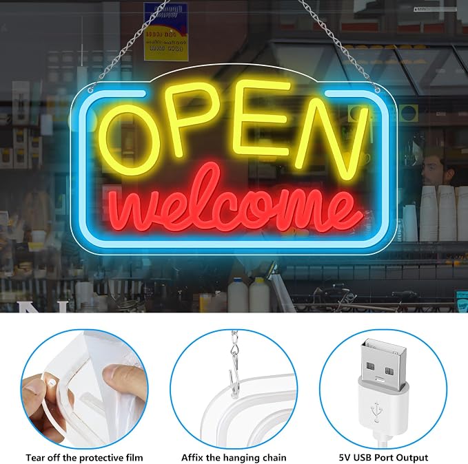 OPEN Welcome Silicone Neon Signs – USB Powered | 16.9×9.4 inch | LED Light for Storefront Window | 2 Color Options