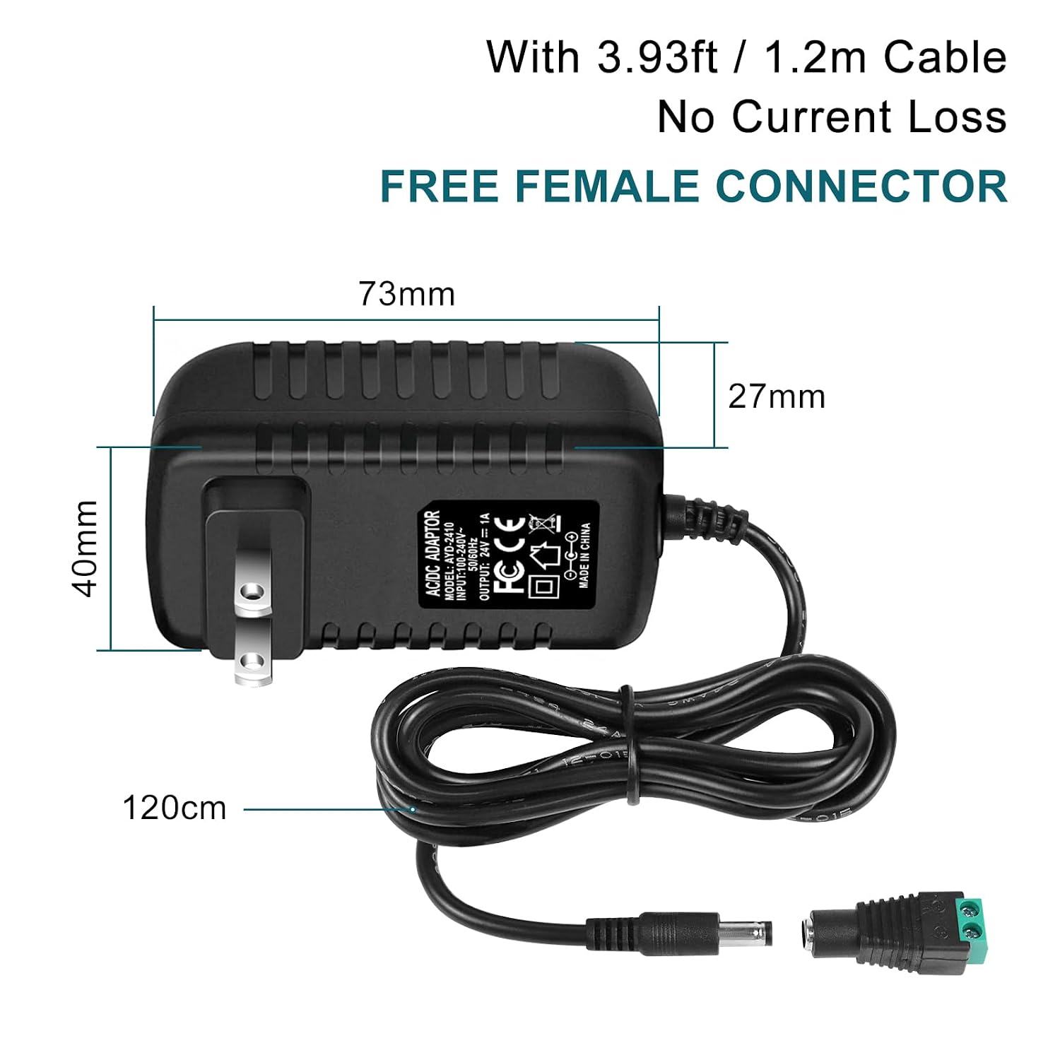 DC 24V Power Adapter 24W, AC 100–240V to 24V Wall Plug Power Supply with US Plug, Black Case