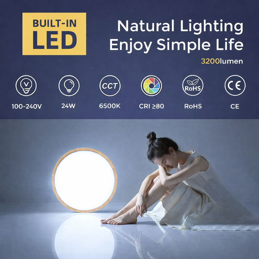 AC 220–240 V runde LED-Deckenleuchte – Holzmaserung – 24 W – 3000 K / 4500 K / 5000 K / 6500 K – Deckenleuchte zur Unterputzmontage – Lokaler Lagerbestand (UK/DE)