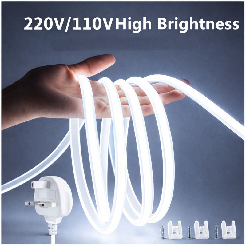 AC110V / 220V COB Flexible LED Strip Light - 3000K / 6500K | IP65 Waterproof | Spotless High Brightness | Inline Power Switch | for Cabinets, Kitchen & Office Lighting | US / EU Plug  | 5/50M