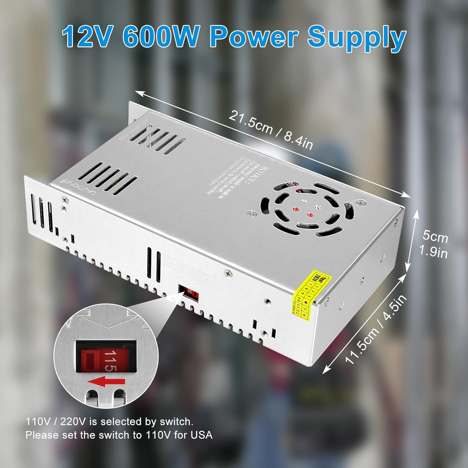 DC 12 V/24 V Schaltnetzteil 300 W–600 W, AC 110/220 V Eingang, Hochleistungs-LED-Treibertransformator, Kühllüfter-Metallgehäuse, CE/FCC/RoHS-zertifiziert