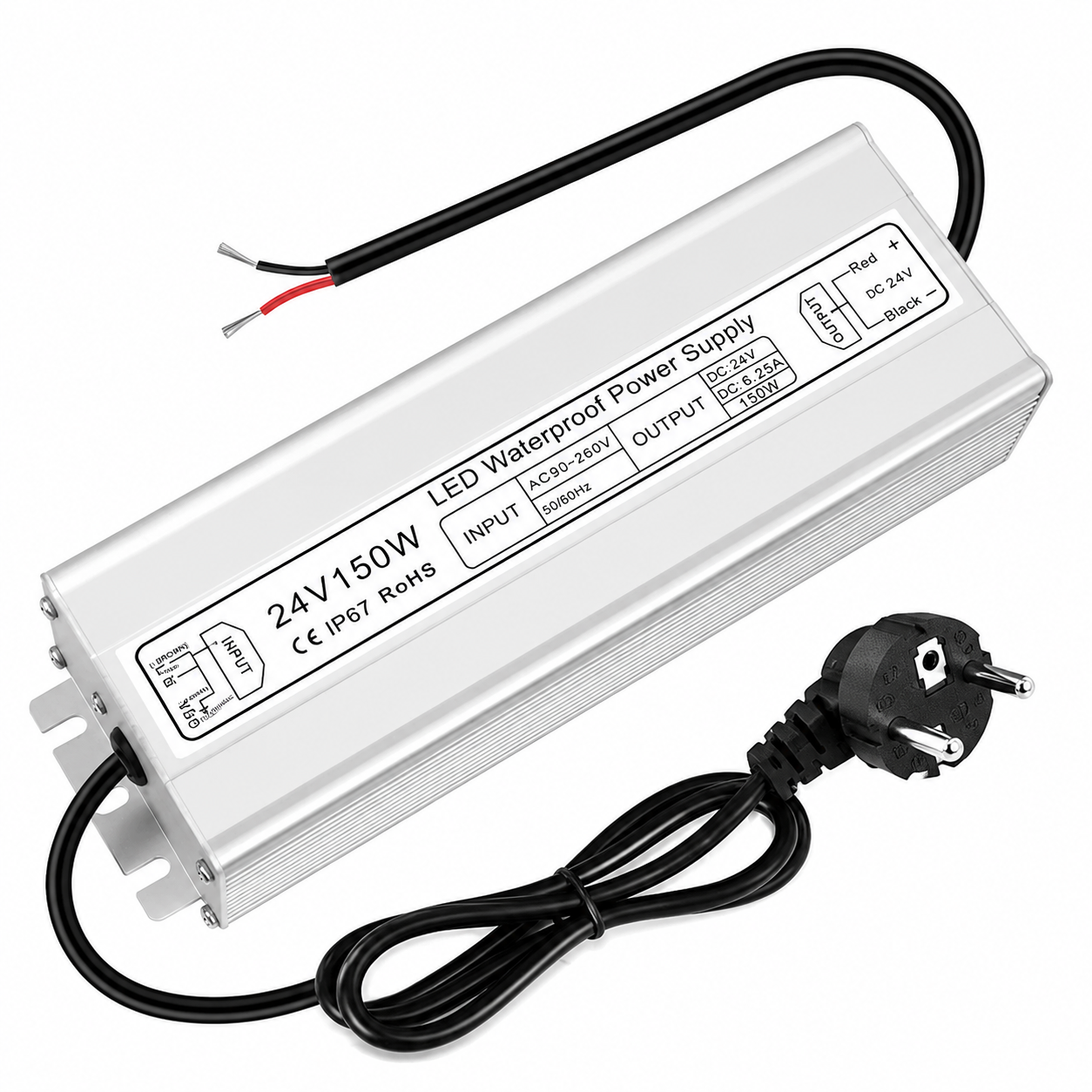 24V Waterproof LED Power Supply 30W–300W, 90–265V Input, Single/Dual Wire Output, Aluminum Housing, Outdoor LED Driver, CE/RoHS/FCC — US/UK/EU Plug & Wire Leads Options