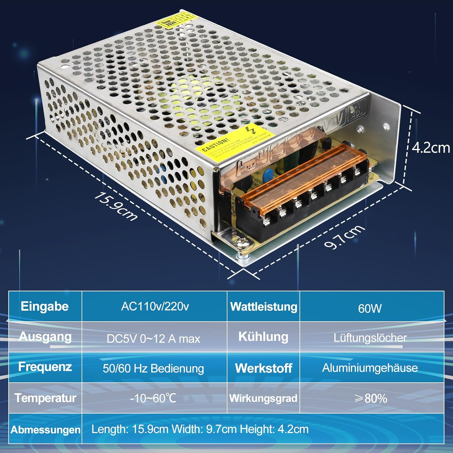 Alimentation à découpage CC 5 V 10 W–300 W, entrée CA 110/220 V, transformateur pour bande LED, boîtier métallique industriel avec bornes, certifié CE/FCC/RoHS (300 W avec ventilateur) 