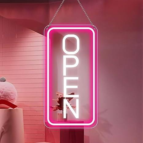 OPEN Neon-LED-Schild – Vertikal rechteckig | 5 Leuchtfarbenoptionen | 16×9 / 23×12 Zoll | Fensteraufhängung | Plug &amp; Play für Schaufenster