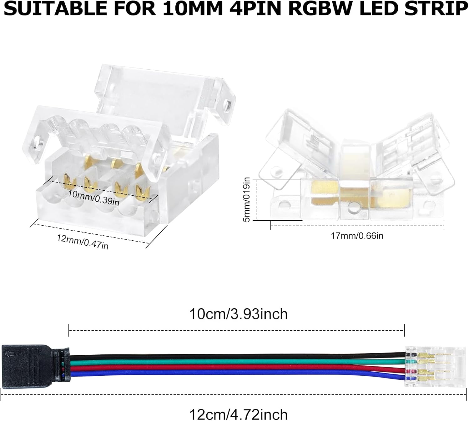 Connecteurs pour bandes LED transparentes en cristal – Clips sans soudure 10 mm 4 broches | Bande à fil / Bande à bande / Fiche femelle – Stock local États-Unis/Royaume-Uni 