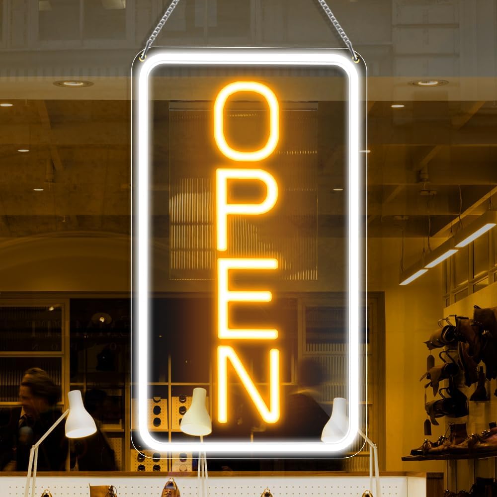 OPEN Neon-LED-Schild – Vertikal rechteckig | 5 Leuchtfarbenoptionen | 16×9 / 23×12 Zoll | Fensteraufhängung | Plug &amp; Play für Schaufenster