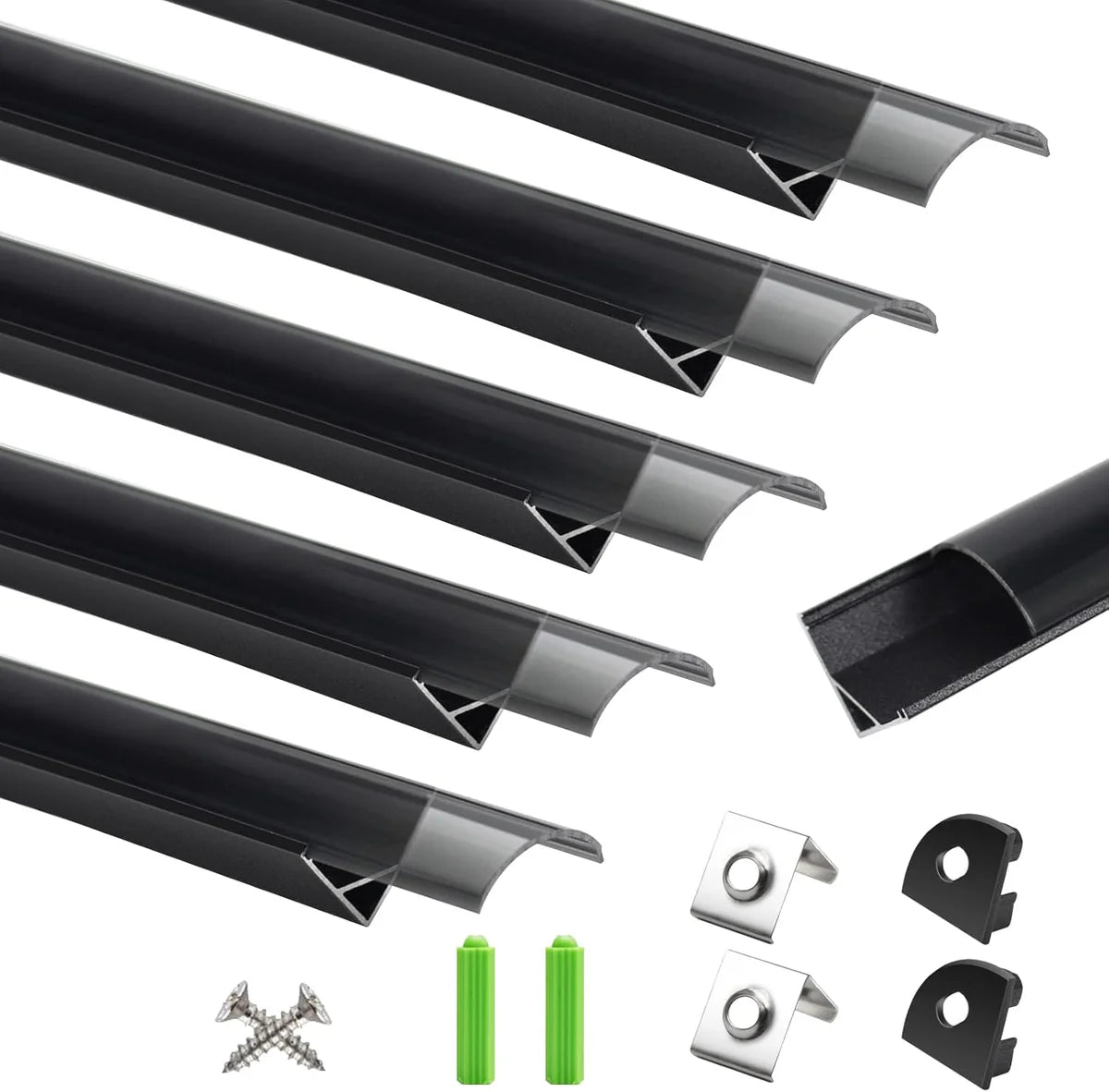 Profilés LED en aluminium en forme de V – Convient aux bandes LED de 1 à 10 mm | 1 mètre | Argenté / Noir | Blanc laiteux / Noir | Avec accessoires d'installation | Paquets de 5 / 6 / 10 / 12 / 20 | Stock local États-Unis/Royaume-Uni