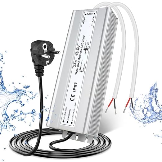 24V Waterproof LED Power Supply 30W–300W, 90–265V Input, Single/Dual Wire Output, Aluminum Housing, Outdoor LED Driver, CE/RoHS/FCC — US/UK/EU Plug & Wire Leads Options