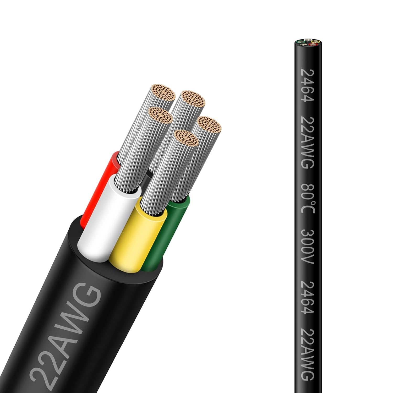 22 AWG Electrical Wire, 2/3/4/5 Conductor Stranded Tinned Copper Cable, Black/White PVC Jacket Flexible Multi-Core Extension Cord — 10/20/50m (33ft–165ft) Options
