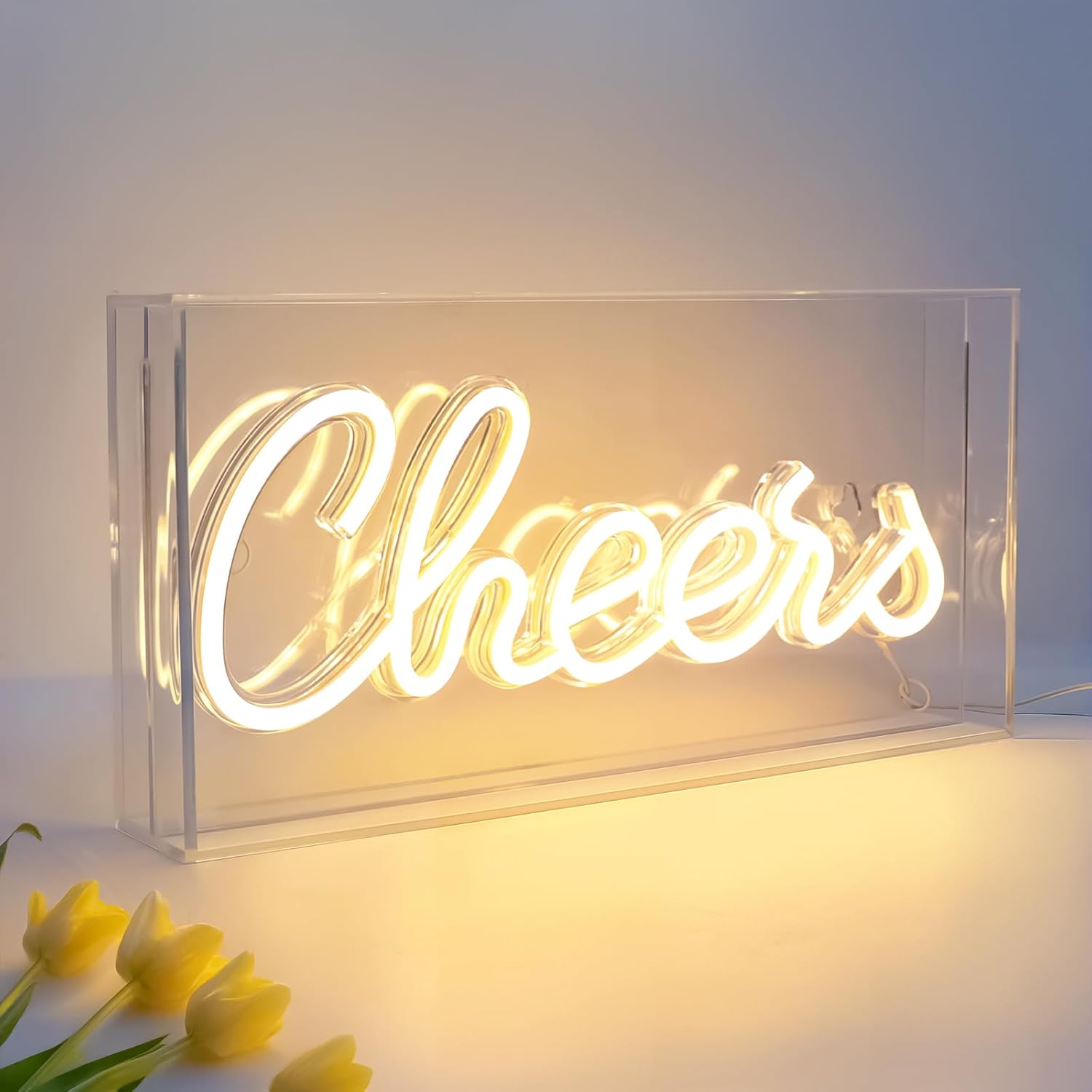 Panneau lumineux de bureau CHERRS – Rectangulaire 30,5 x 15,2 cm | Blanc chaud/rose | Alimentation USB | Présentoir de table | Pour chambre de fille, chambre à coucher, pub, hôtel, plage, bar à cocktails, cadeau de Noël