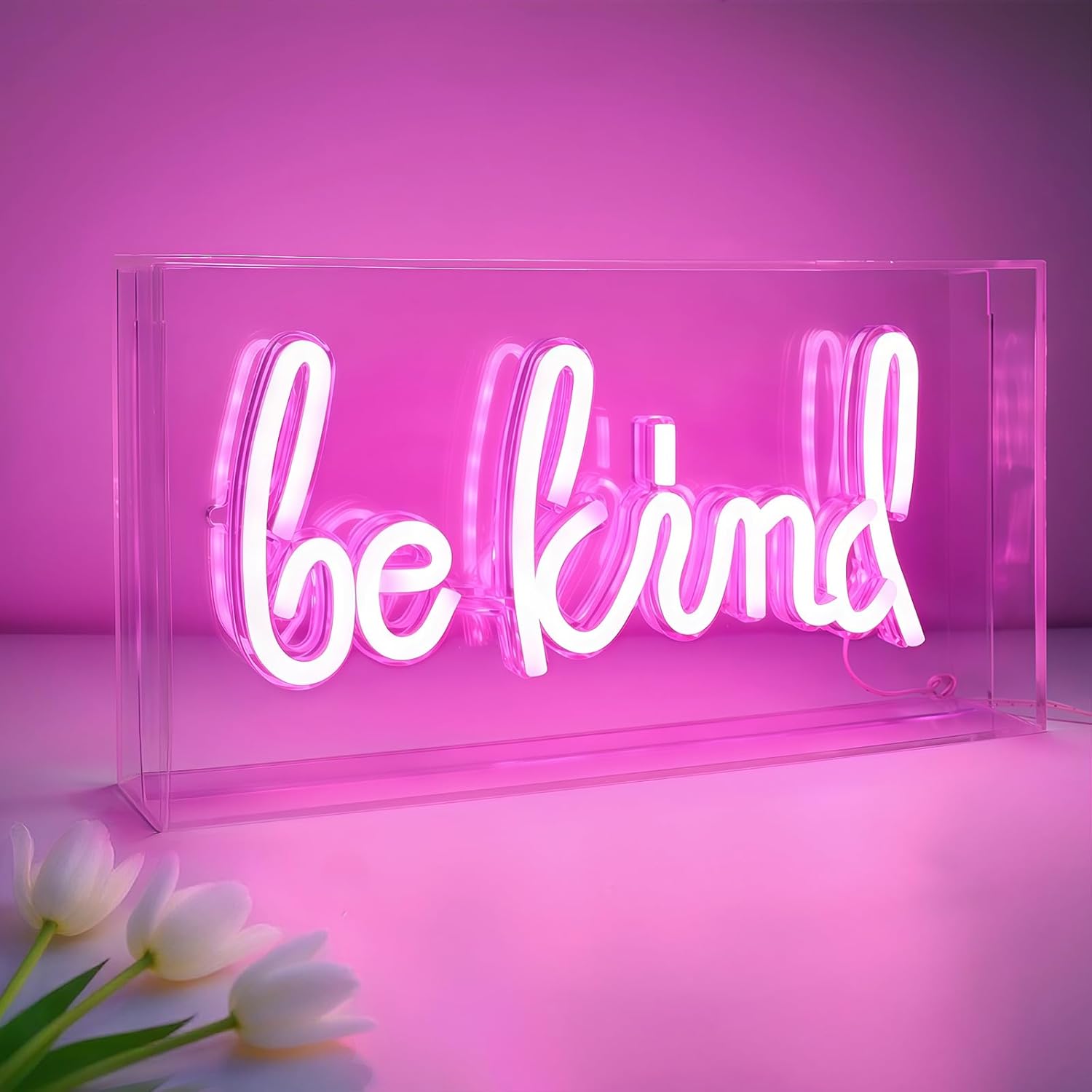 BE KIND Schreibtisch-Leuchtkastenschild – Rechteckig 12x6 Zoll | Warmweiß/Rosa | USB-betrieben | Tischdisplay | Für Mädchenzimmer, Schlafzimmer, Kneipe, Hotel, Strand, Hahn