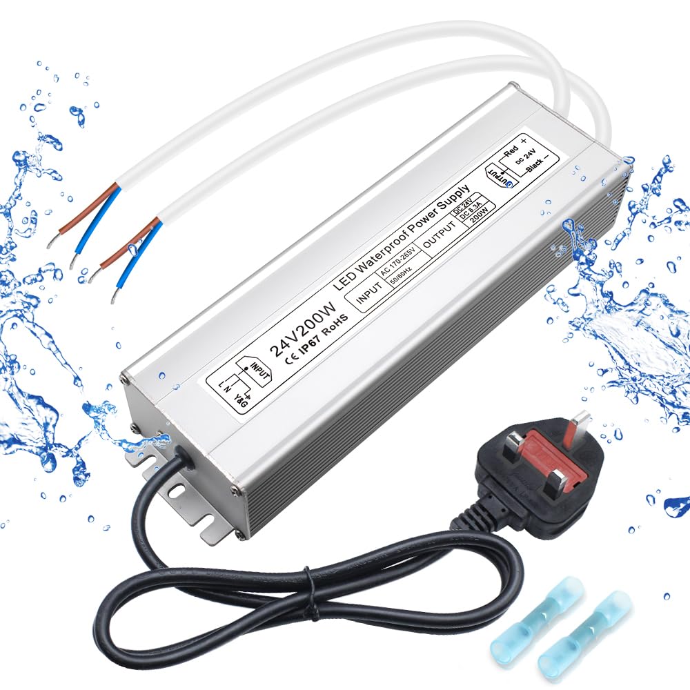Pilote LED étanche 24 V, entrée 175–265 V, 200–500 W, sortie simple/double fil, adaptateur secteur extérieur, CE/RoHS/FCC — Options de fiches et de câbles UK/EU 