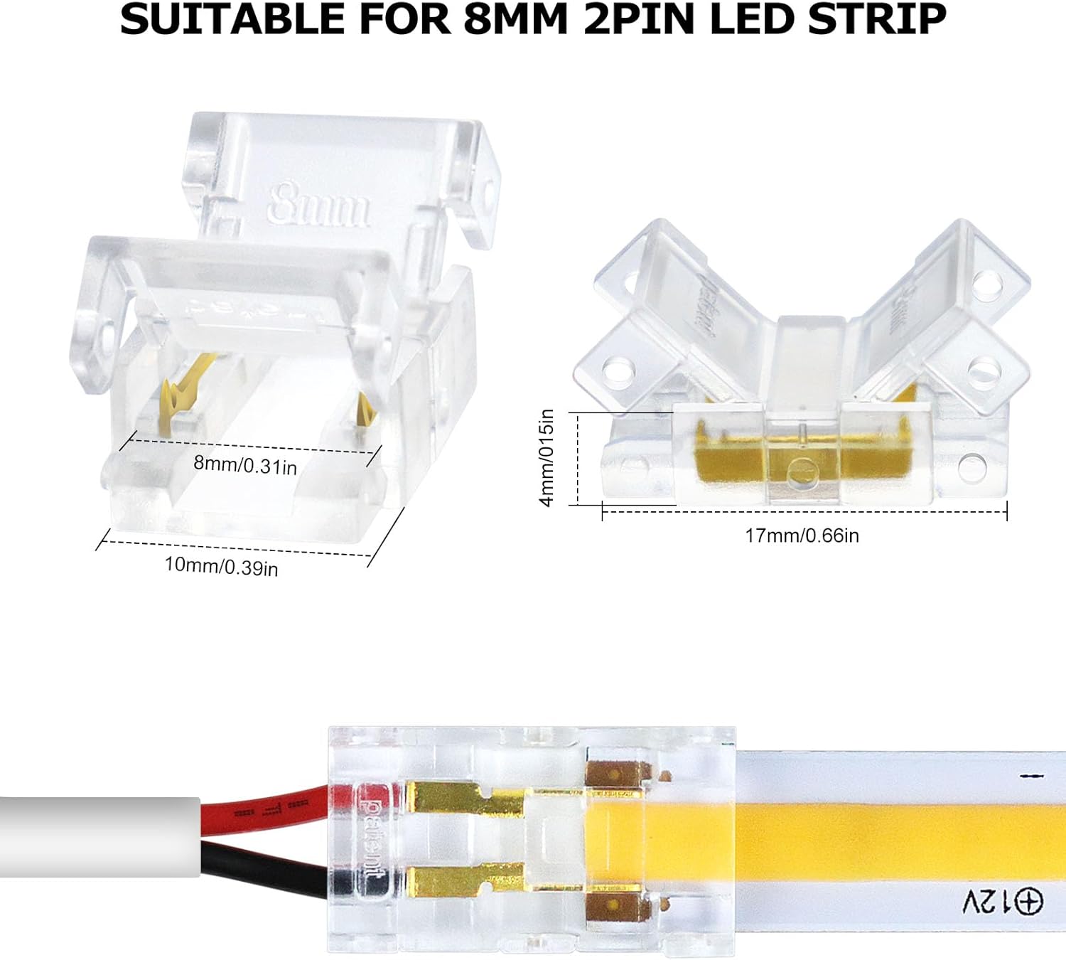 Transparent Crystal LED Strip Connectors – 10mm 4Pin Solderless Clips | Strip to Wire / Strip to Strip / Female Plug – Bulk Wholesale 500pcs MOQ | Factory Direct
