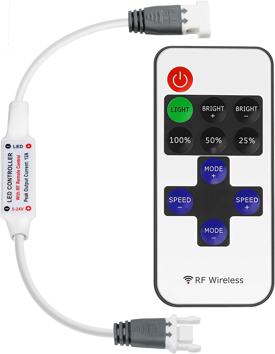 LED-Streifen-Controller – 5 V/24 V – Weiße HF-Fernbedienung mit Dimmerfunktion | Für einfarbige 5050/3528-Streifen
