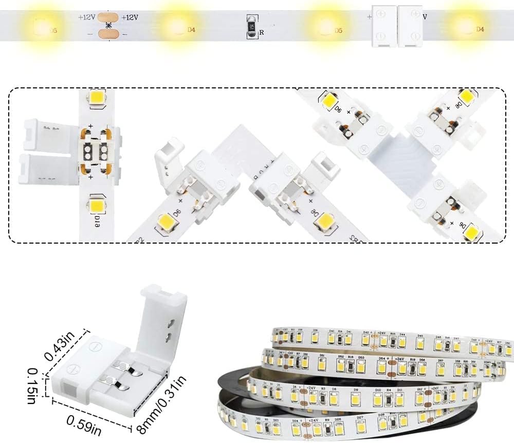 LED-Streifenverbinder – 8 mm 2-polige lötfreie Clips | Streifen zu Kabel / Streifen zu Streifen / DC-Adapter / L / T – Lagerbestand USA/UK