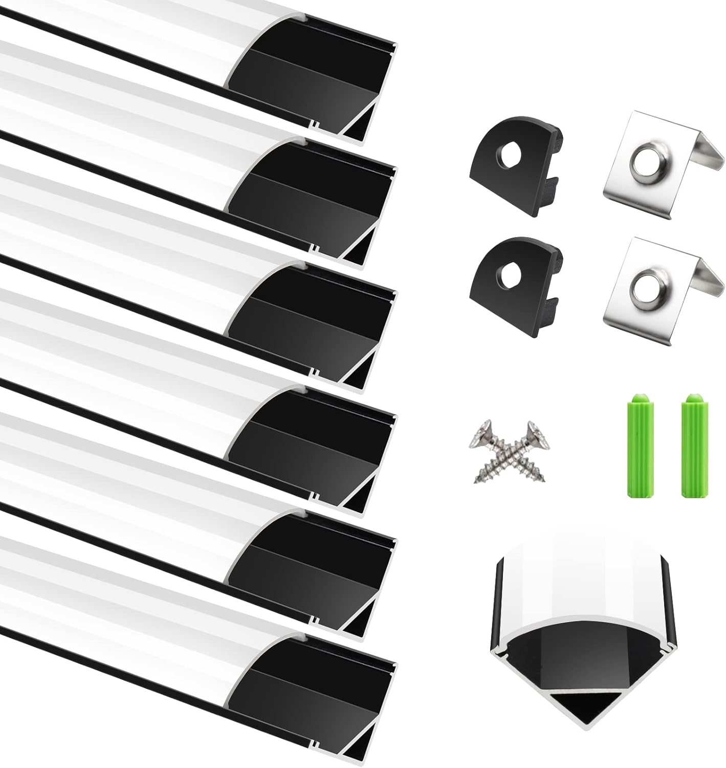Profilés LED en aluminium en forme de V – Convient aux bandes LED de 1 à 10 mm | 1 mètre | Argenté / Noir | Blanc laiteux / Noir | Avec accessoires d'installation | Paquets de 5 / 6 / 10 / 12 / 20 | Stock local États-Unis/Royaume-Uni