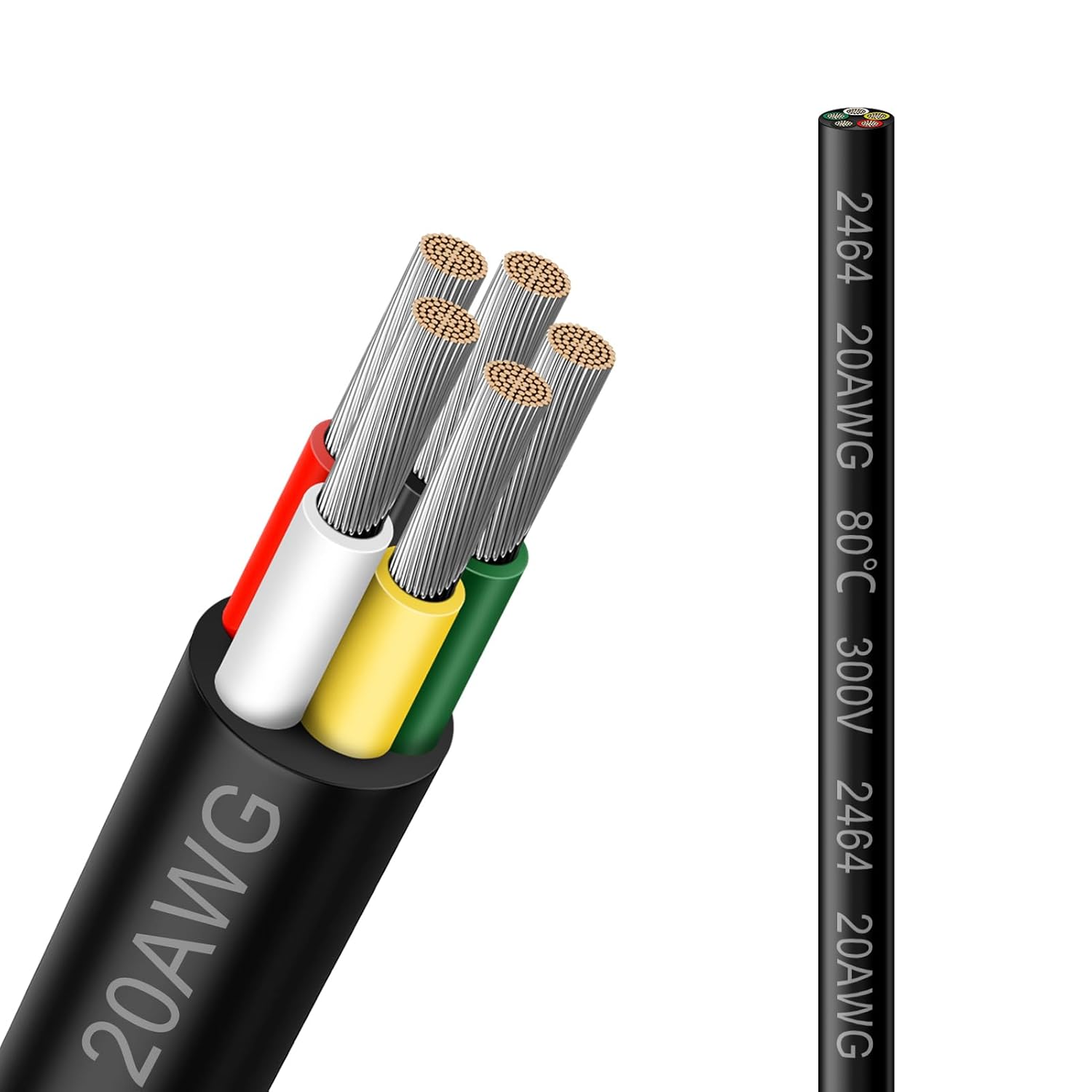20 AWG Electrical Cable, 2/3/4/5 Conductor Stranded Tinned Copper Wire, Black/White PVC Sheathed Flexible Extension Cord for DIY Wiring, 10/20/50m (33ft–165ft) Options
