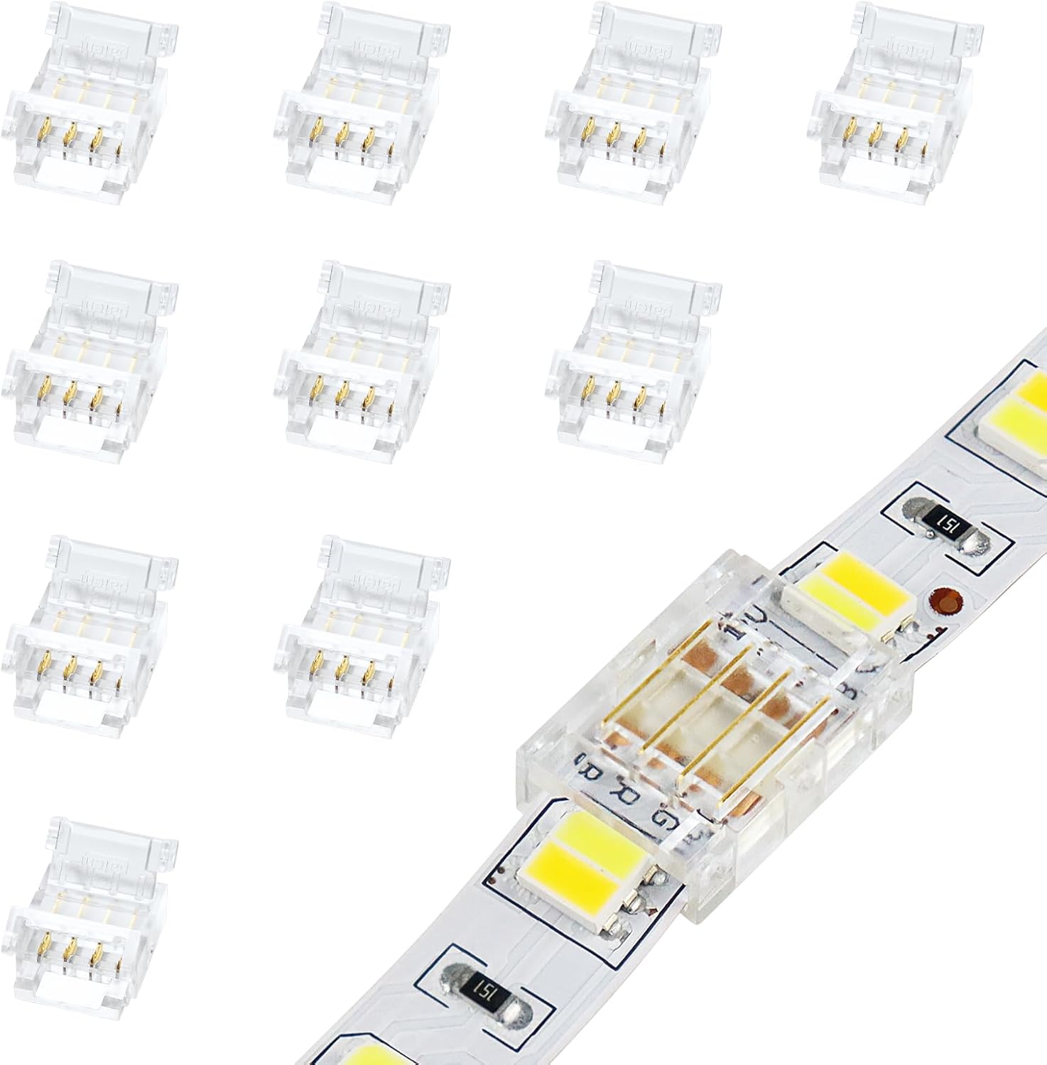 Connecteurs pour bandes LED transparentes en cristal – Clips sans soudure 10 mm 4 broches | Bande à fil / Bande à bande / Fiche femelle – Stock local États-Unis/Royaume-Uni 