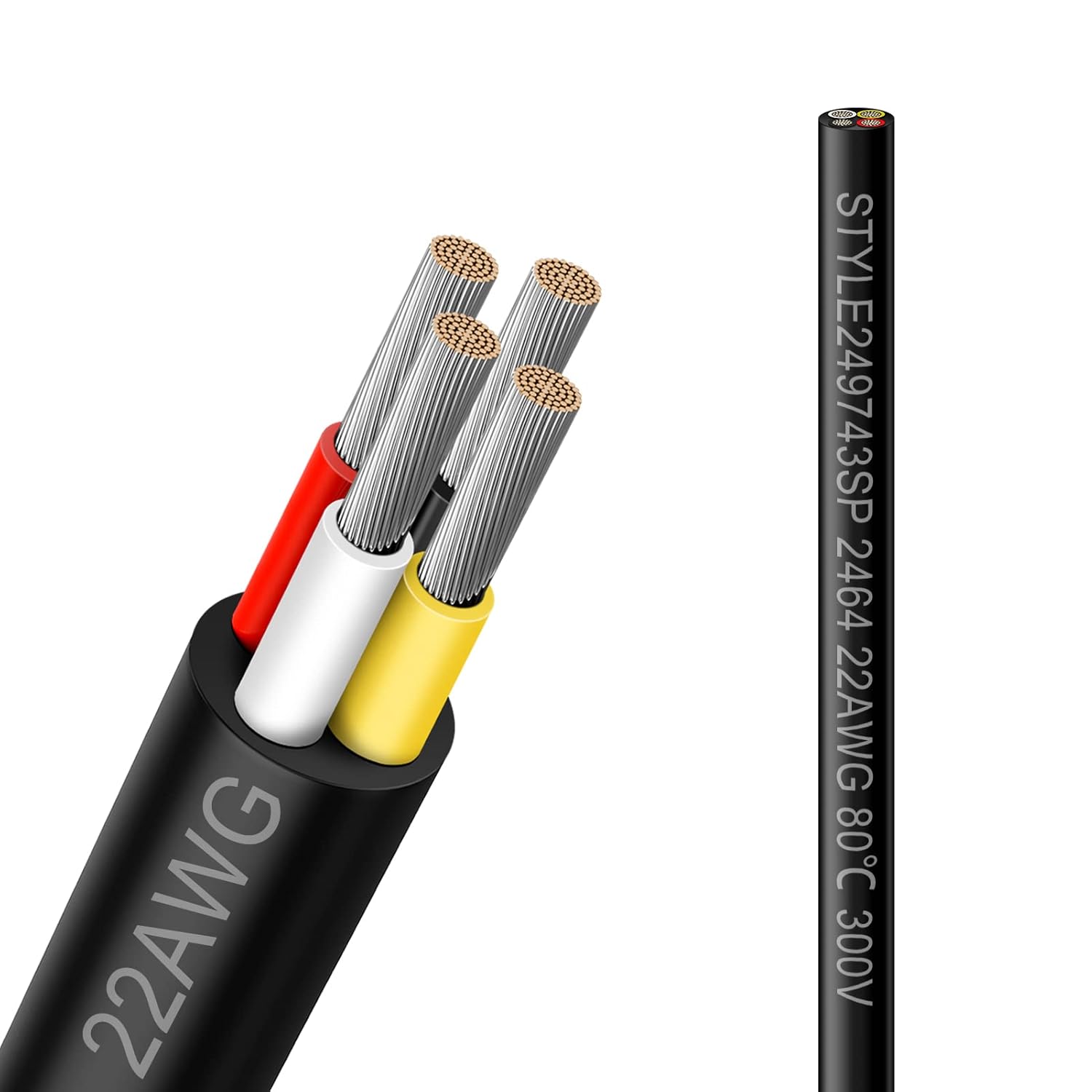 22 AWG Electrical Wire, 2/3/4/5 Conductor Stranded Tinned Copper Cable, Black/White PVC Jacket Flexible Multi-Core Extension Cord — 10/20/50m (33ft–165ft) Options