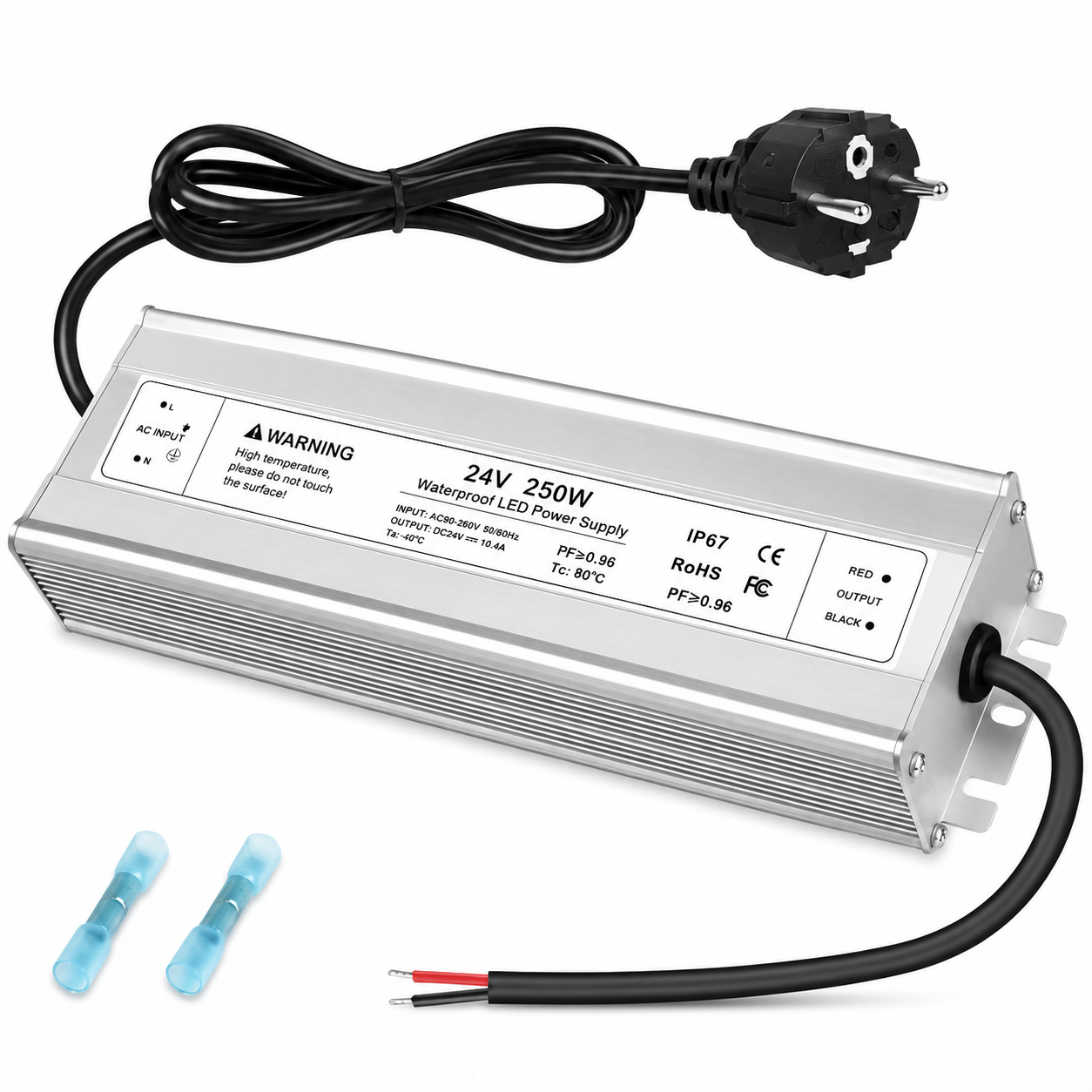 24V Waterproof LED Power Supply 30W–300W, 90–265V Input, Single/Dual Wire Output, Aluminum Housing, Outdoor LED Driver, CE/RoHS/FCC — US/UK/EU Plug & Wire Leads Options