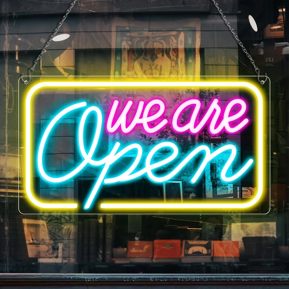 WE ARE OPEN LED Silicone Neon Sign – 16.5×9 Inch (42×23 cm) Horizontal Style | 5V USB Powered Dimmable Multicolor Glow Light for Storefront Window & Business Decor