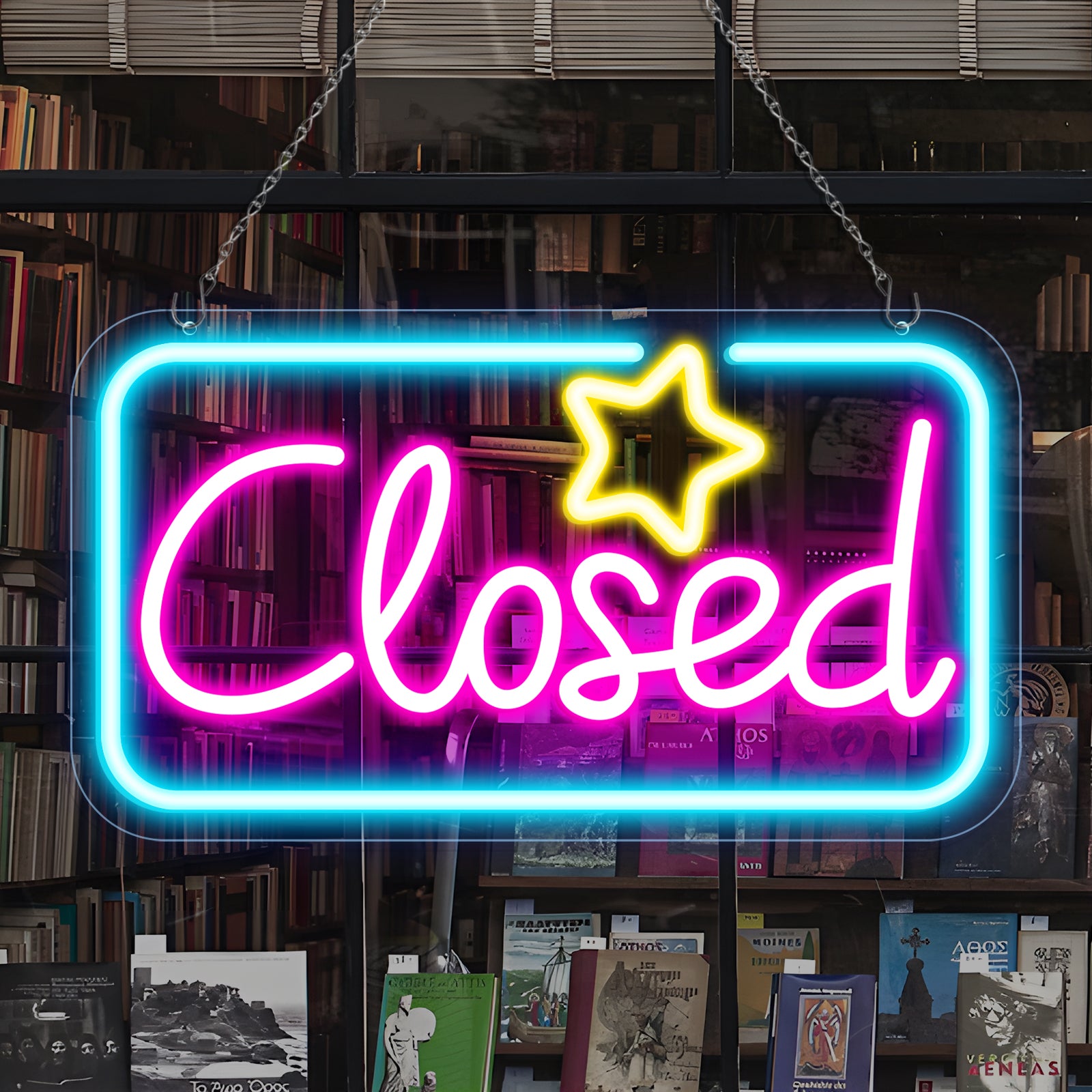 Geschlossenes Neonschild – Eisblau &amp; Pink Leuchten + Gelber Stern | 42×23 cm (17×9 Zoll) | Fensteraufhängung | Plug &amp; Play für Schaufenster