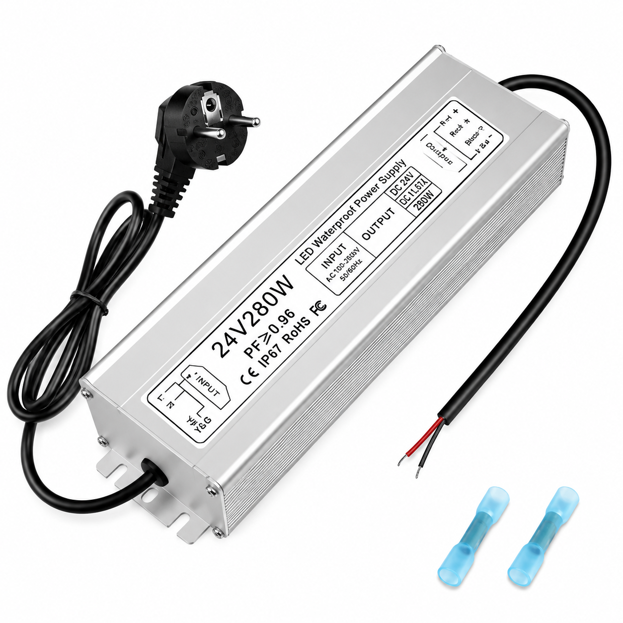 24V Waterproof LED Power Supply 30W–300W, 90–265V Input, Single/Dual Wire Output, Aluminum Housing, Outdoor LED Driver, CE/RoHS/FCC — US/UK/EU Plug & Wire Leads Options